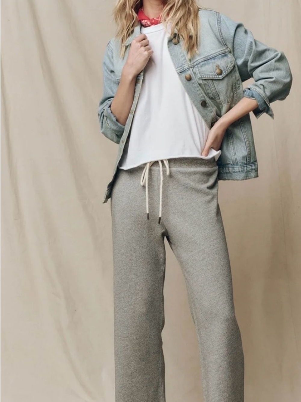 THE GREAT. Crop Heather Gray Drawstring Wide-Leg Track Pants